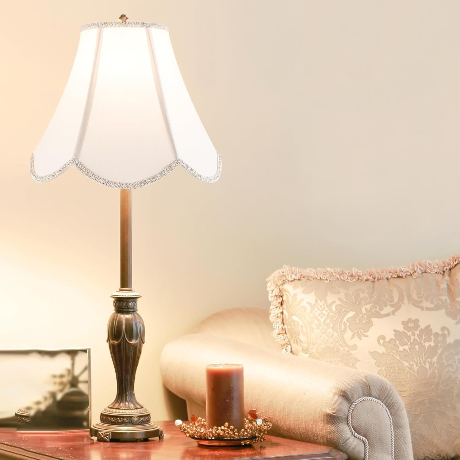 Set of 2 Bell Lamp Shades Faux Silk Beige Scalloped Table Floor Light Shades