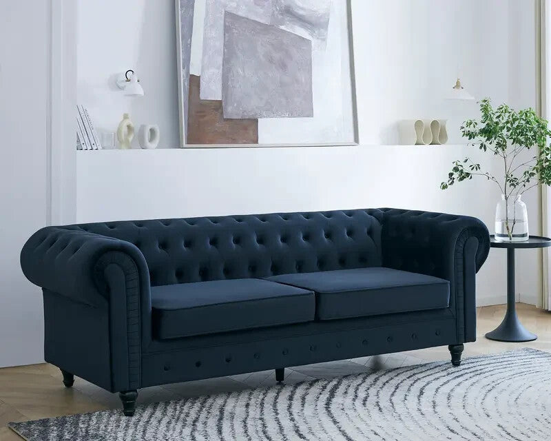3 Seater Chesterfield Velvet Sofa Midnight Blue Tufted Scroll Arms UK