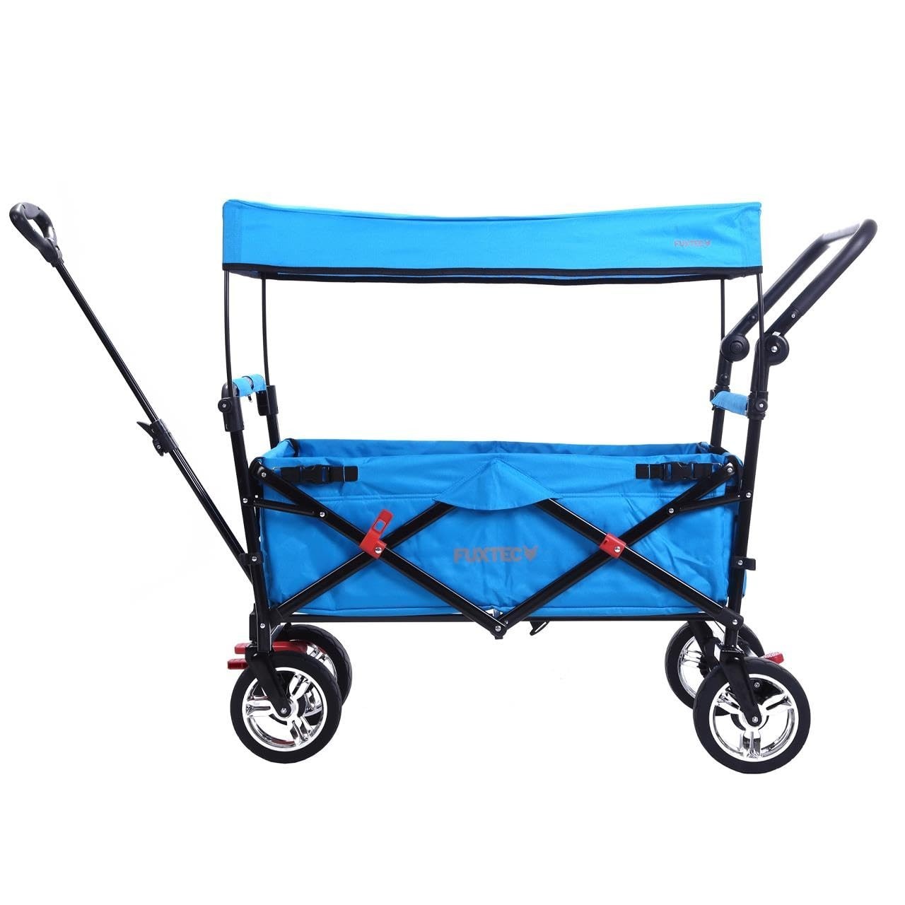 Blue Folding Kids Wagon Canopy Push Pull Outdoor Cart w/ Brakes & Rubber Wheels