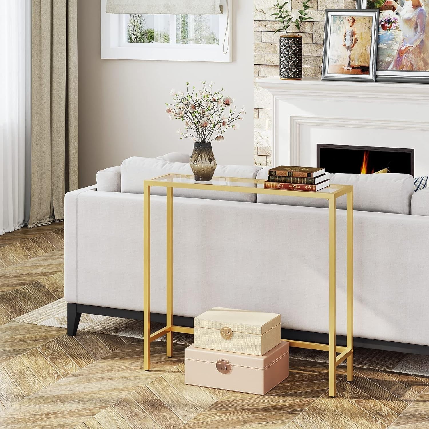 Tempered Glass Console Table Slim Gold Frame for Entryway & Living Room