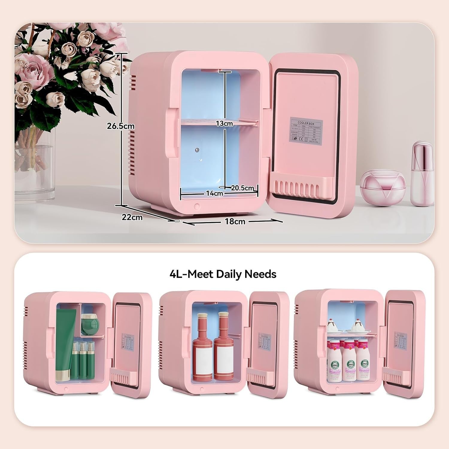 4L Mini Fridge Portable Cooler & Warmer LED Mirror AC/DC Pink