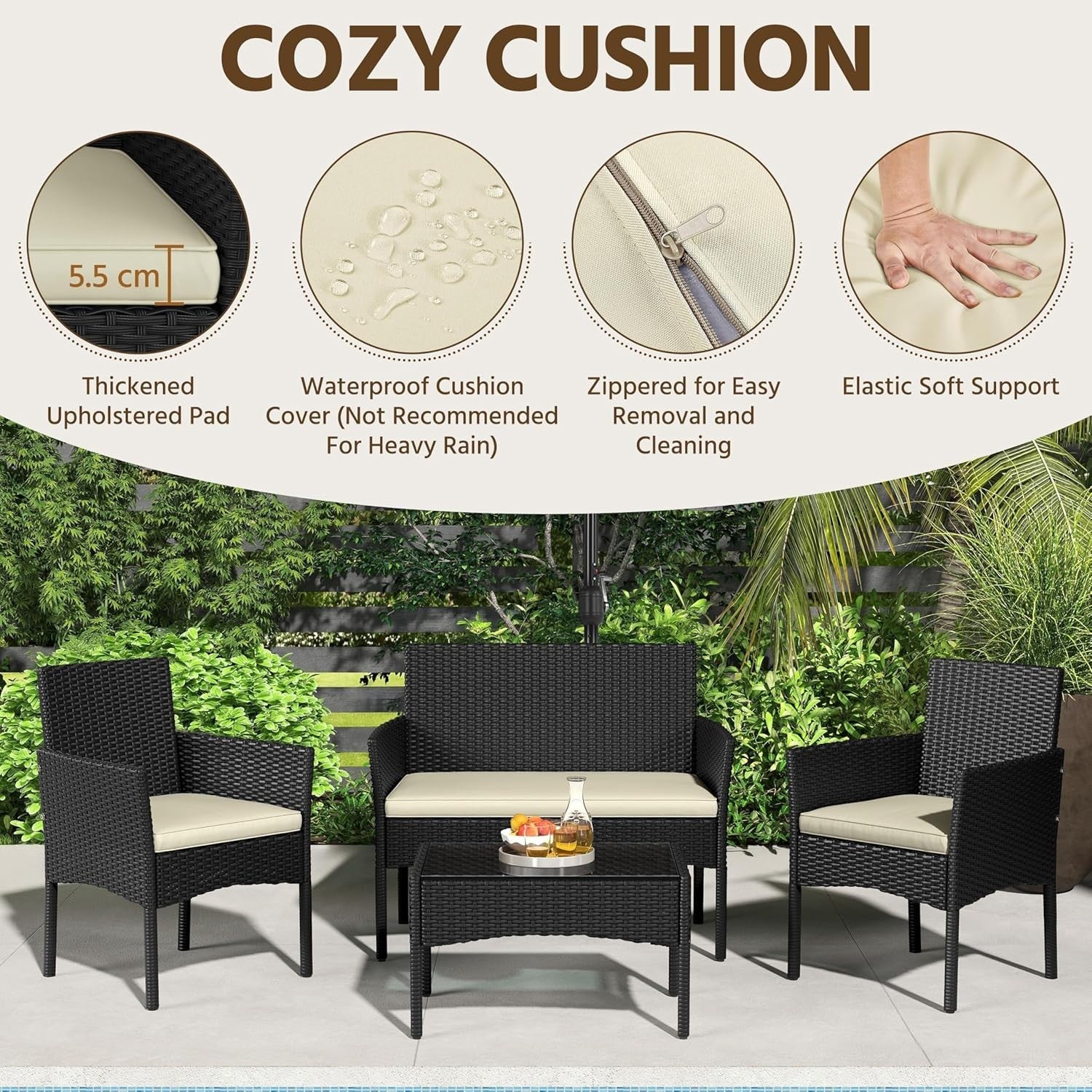 Outdoor Rattan Garden Sofa Set with Cushions & Tempered Glass Table Patio