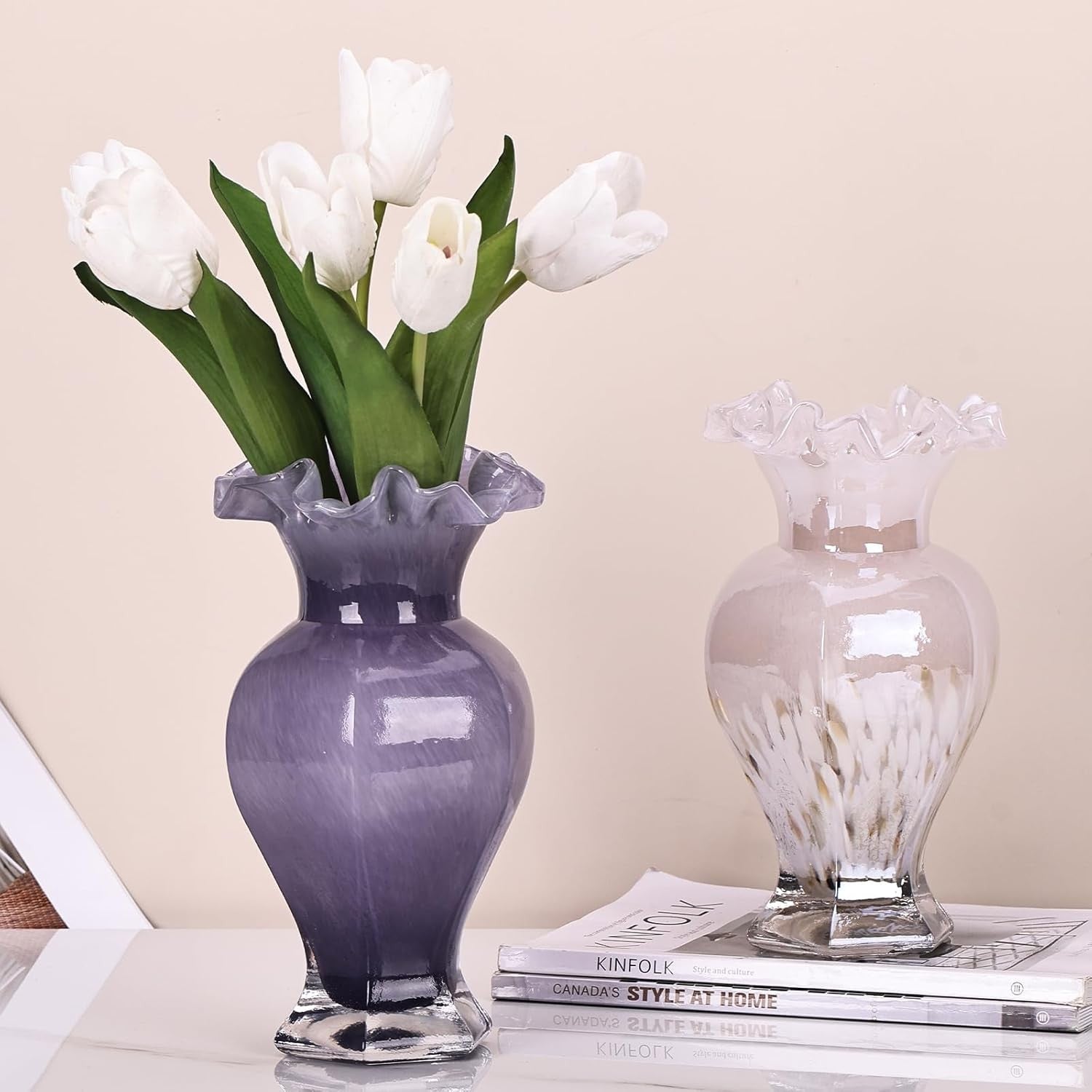 Hand Blown Purple Glass Vase 24cm Tall Art Centerpiece Table Decor