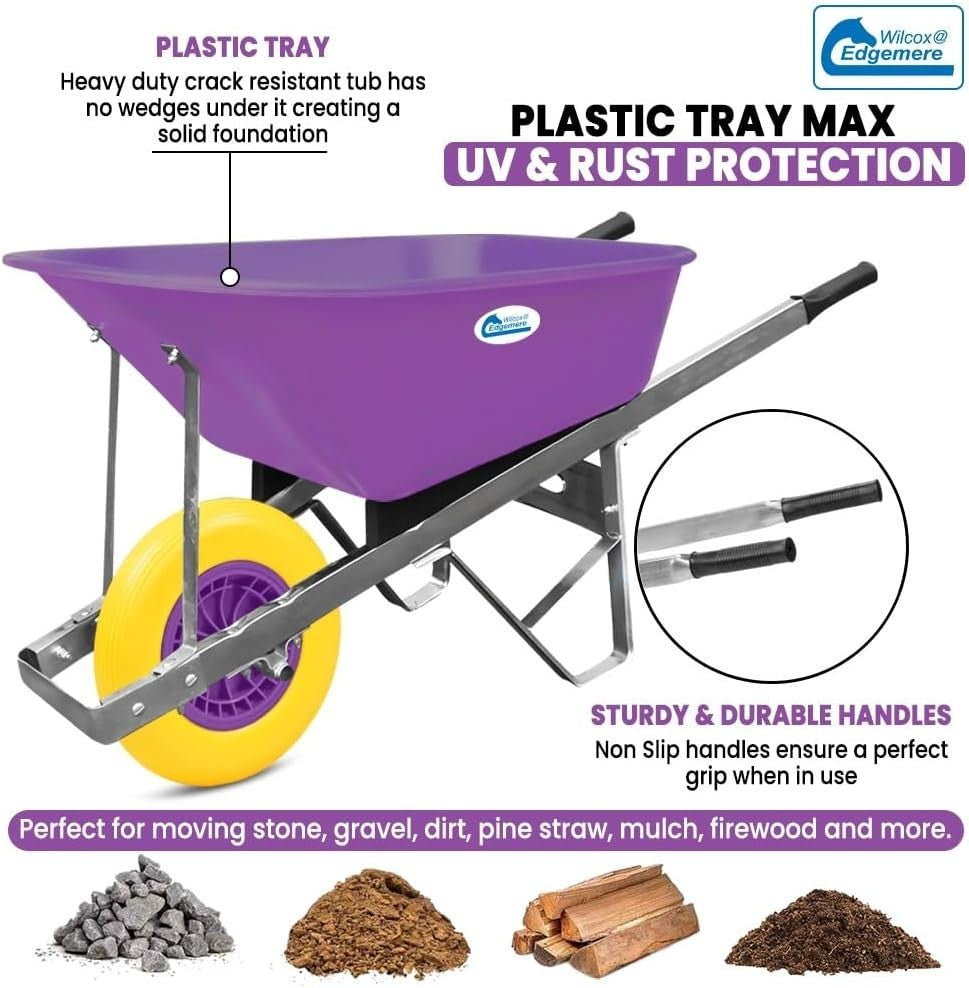 120L Garden Wheelbarrow – Purple/Yellow – PU Tubeless Tyre Heavy Duty Frame
