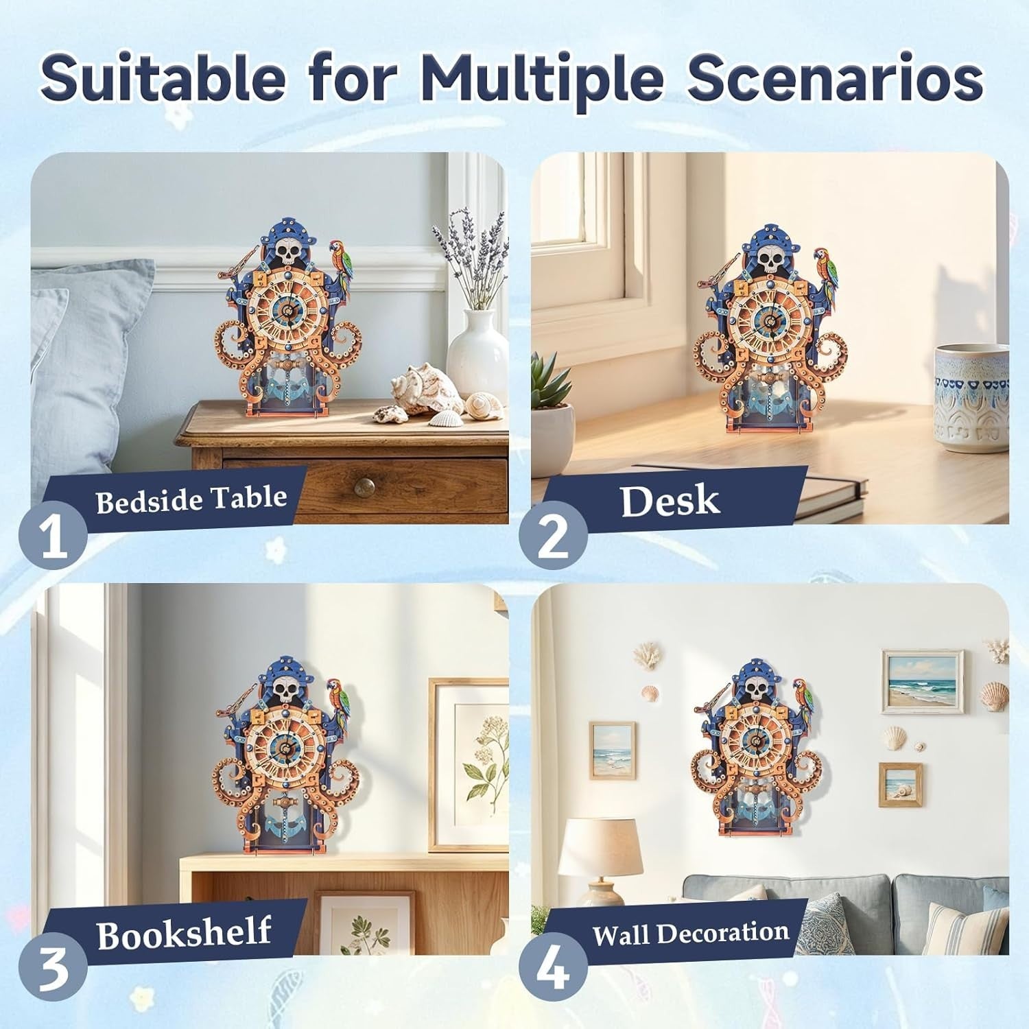 3D Wooden Octopus Pirate Clock Puzzle DIY Mechanical Wall Decor Gift