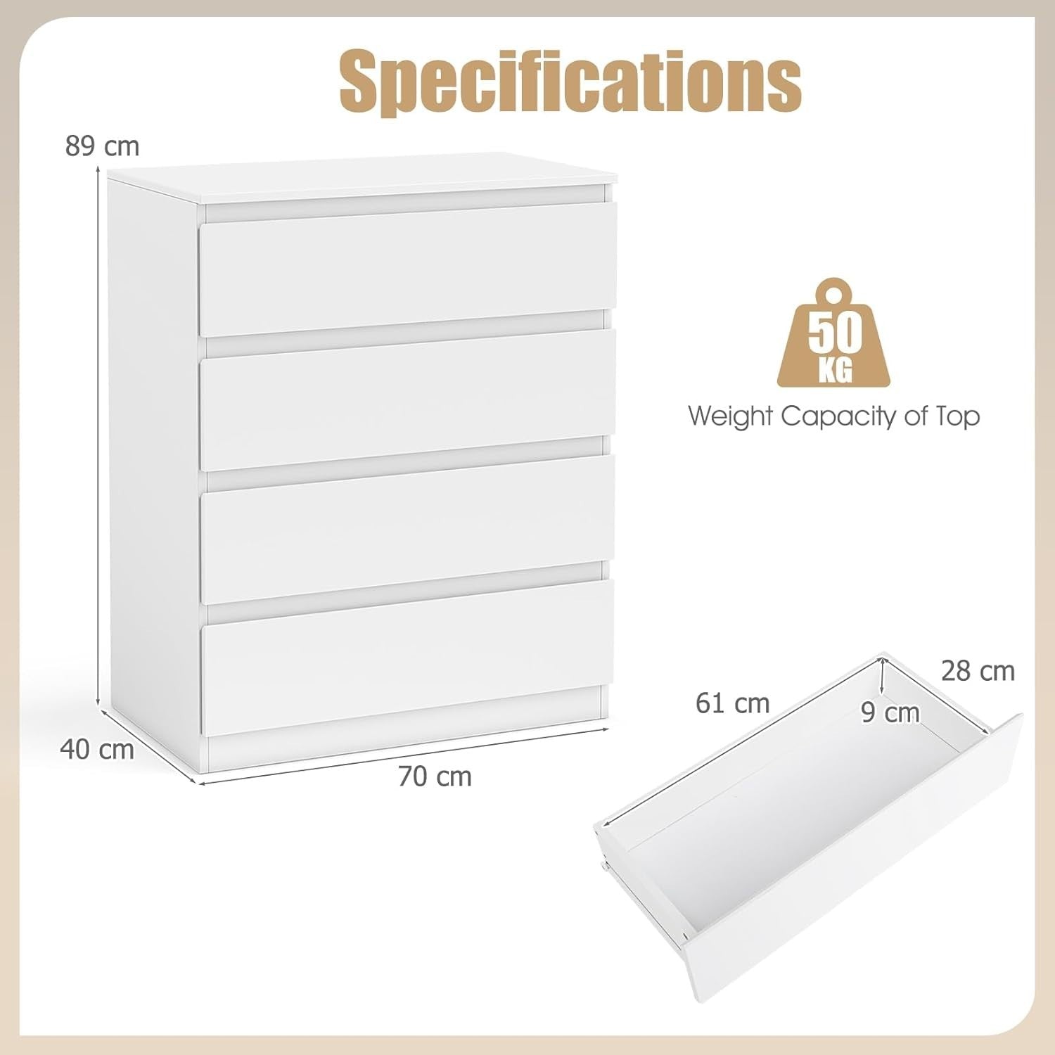 White High Gloss 4 Drawer Chest Modern Storage Unit for Bedroom 70x89cm