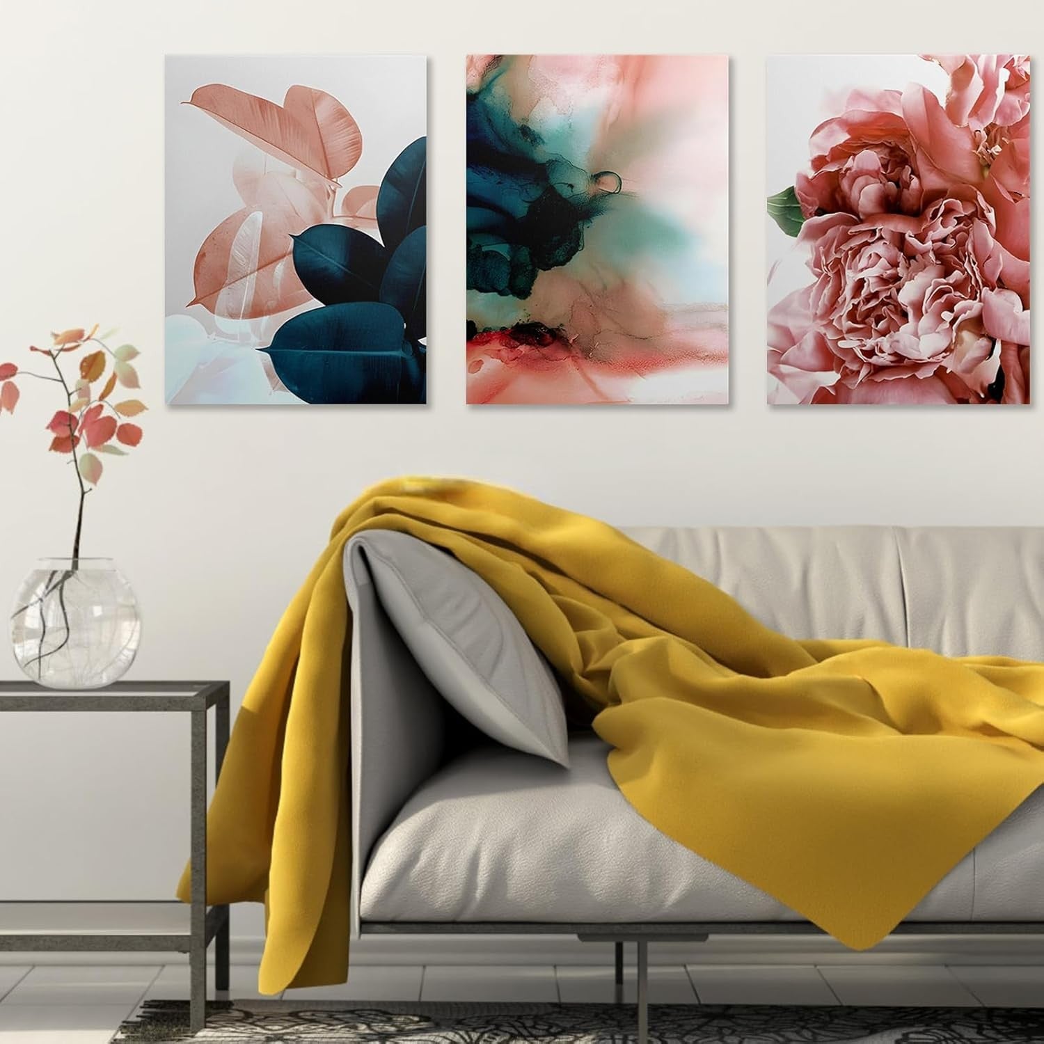 Pastel Flower Wall Art Set of 3 Framed Canvas 12x16in