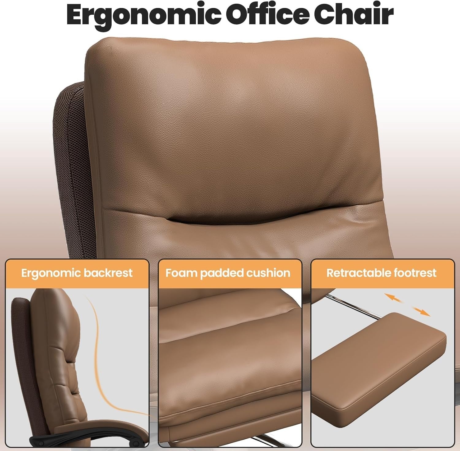 Big & Tall Ergonomic Office Chair Executive Adjustable Footrest Brown Faux Leath
