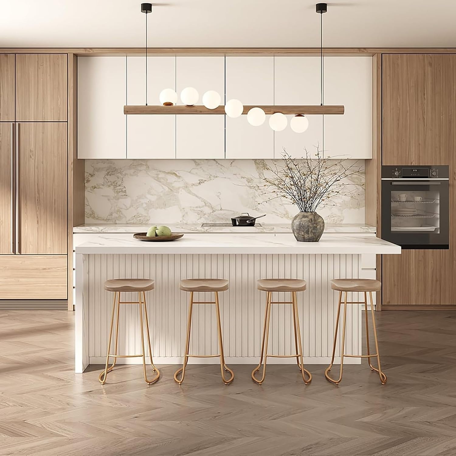 183cm White Kitchen Island with Marble Effect Top, 3 Drawers & 8 Storage Shelves