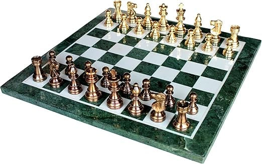 Luxury 15" Green Marble Chess Set – Inlaid Stone Board + Brass Crafted Pieces