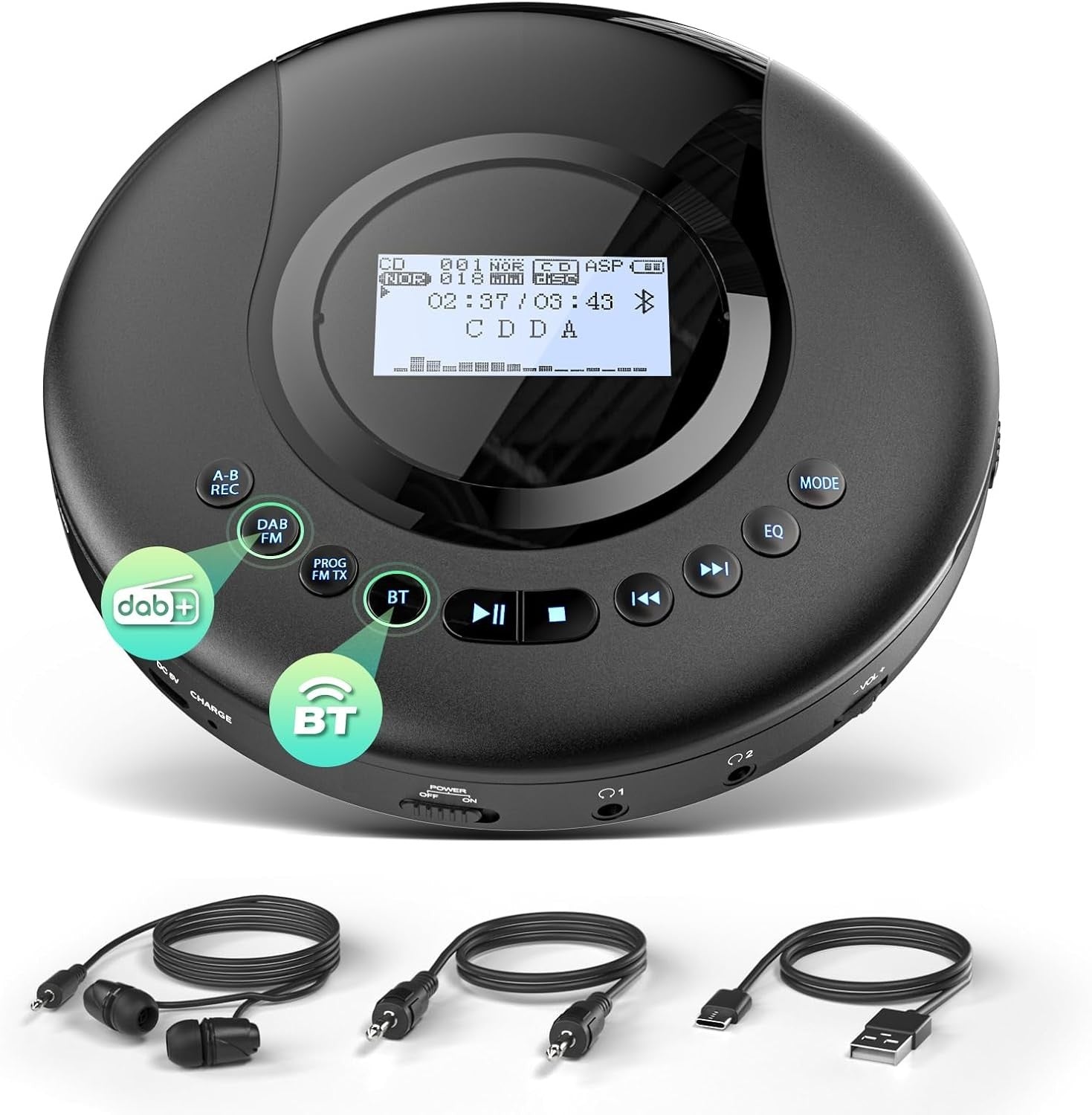 Portable CD Player DAB+ FM Bluetooth 5.2 Discman 2000mAh Rechargeable