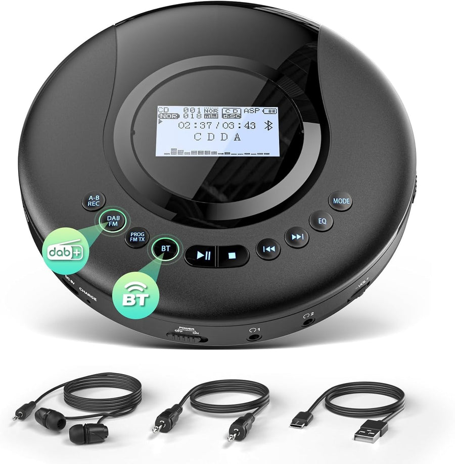 Portable CD Player DAB+ FM Bluetooth 5.2 Discman 2000mAh Rechargeable