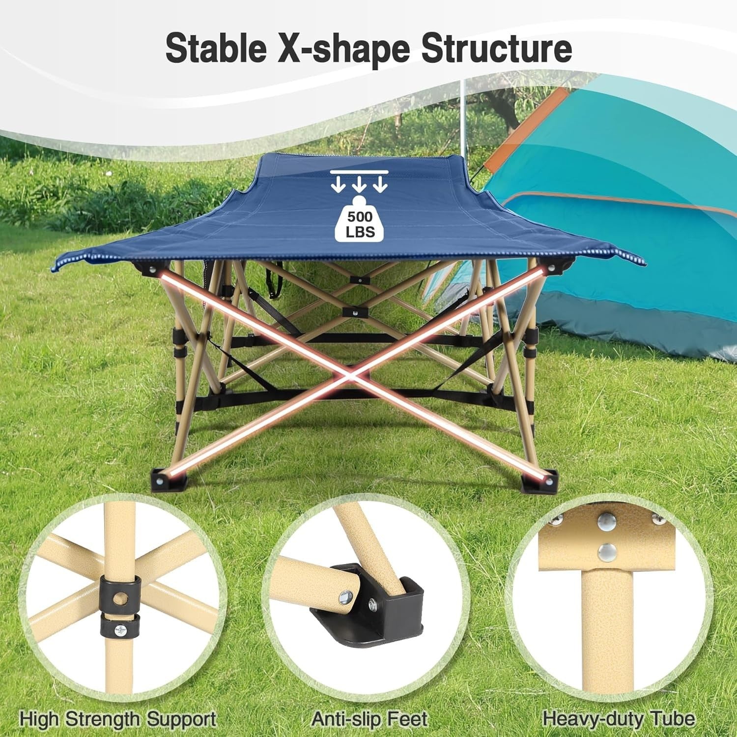 Folding Camp Bed with Thick Mattress | 500lbs Heavy Duty Blue Sleeping Cot