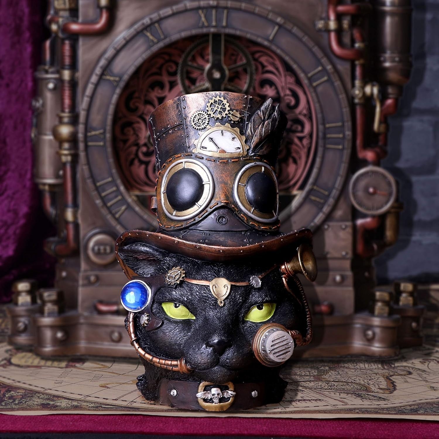 Steampunk Black Cat Head Figurine 28.8cm Gothic Resin Clockwork Decor Statue