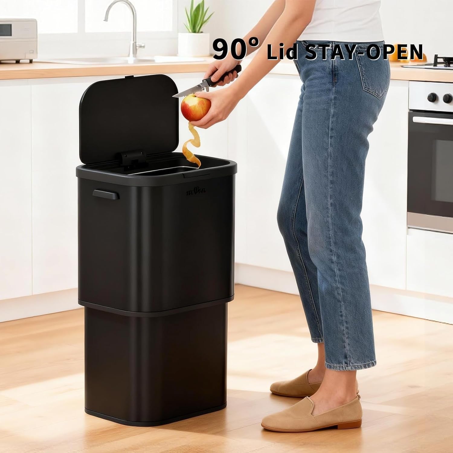 Large 70L Kitchen Trash Bin Black Stainless Steel Soft-Close Rubbish Can