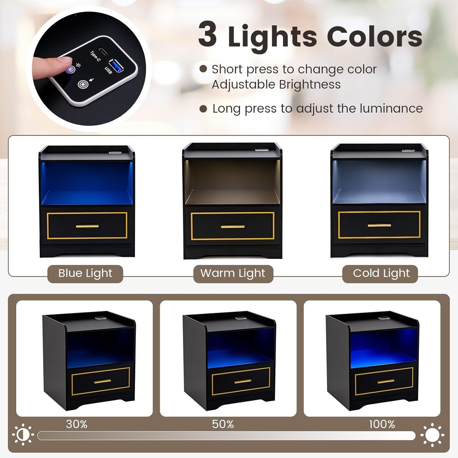 Set of 2 Black LED Bedside Tables with USB Charging & Drawer | Smart Nightstands
