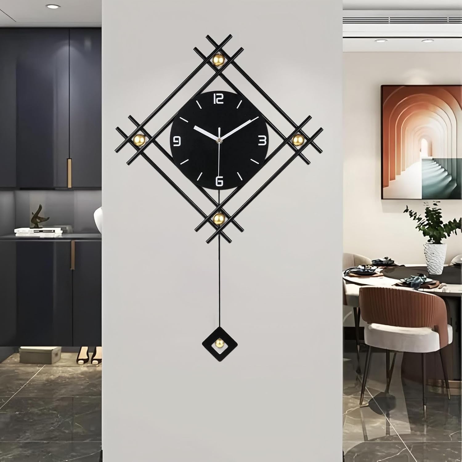 Modern Black Minimalist Pendulum Wall Clock – Silent Large Metal Decor 66×47cm