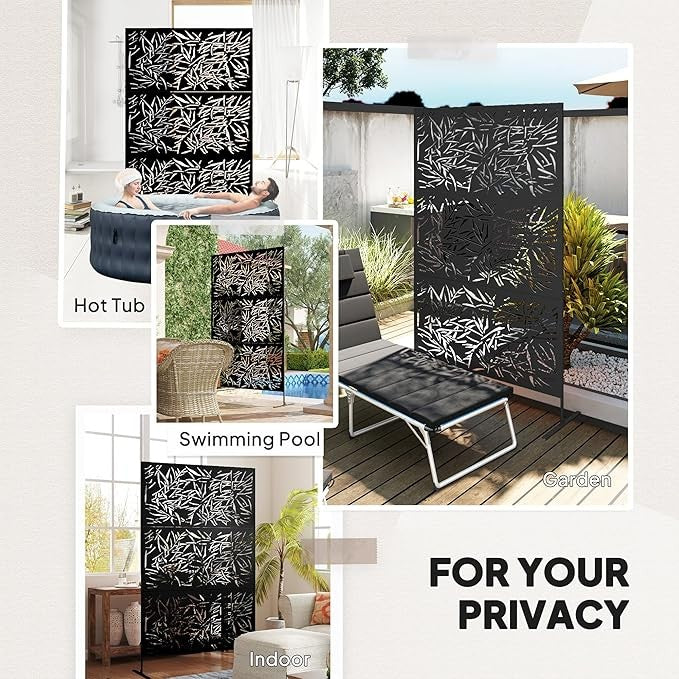 6.5FT Black Metal Garden Privacy Screen Bamboo Leaf Outdoor Divider Fence