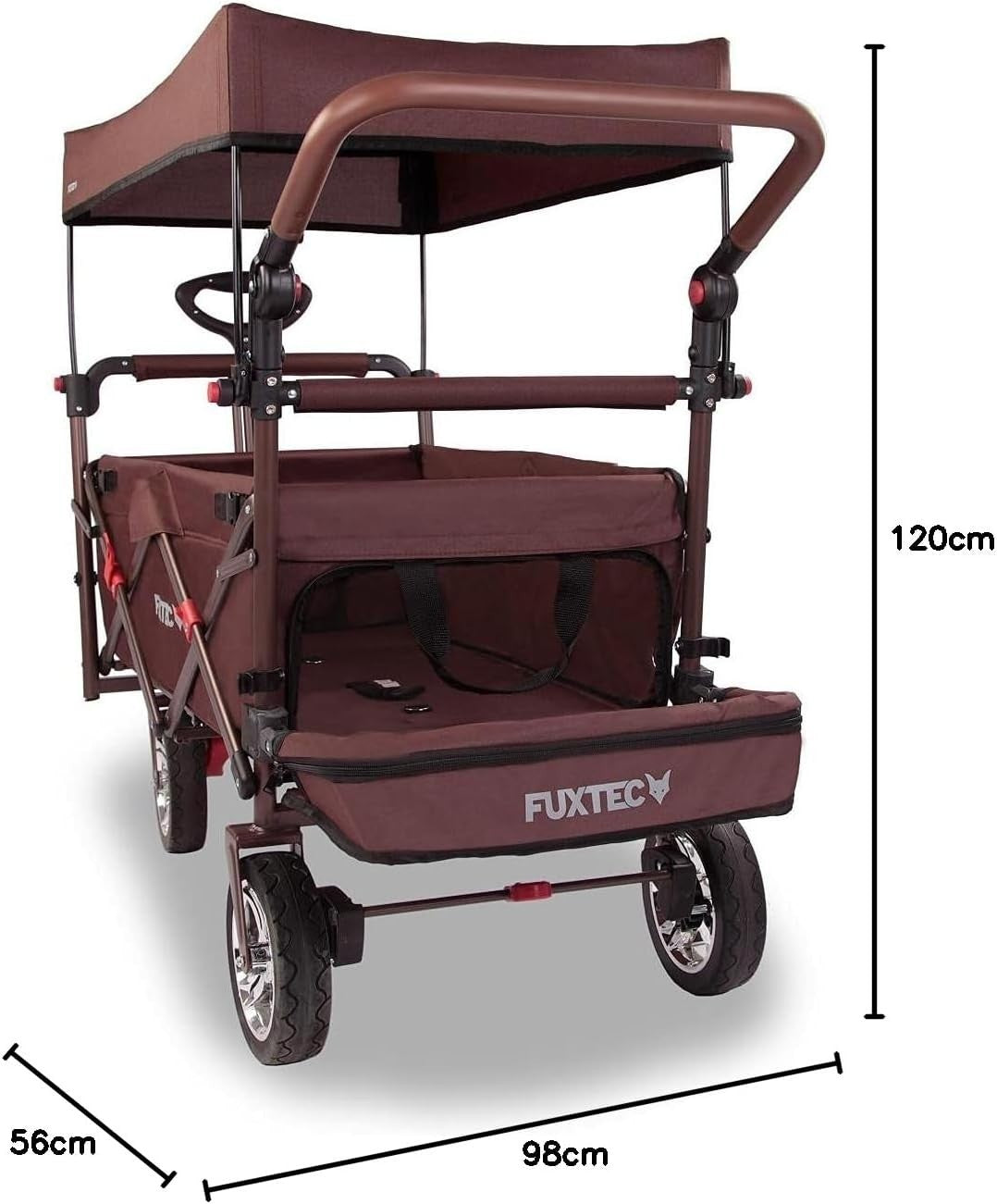 Brown Folding Kids Wagon w/ Roof Push Pull Cart Brakes Solid Wheels & Extension