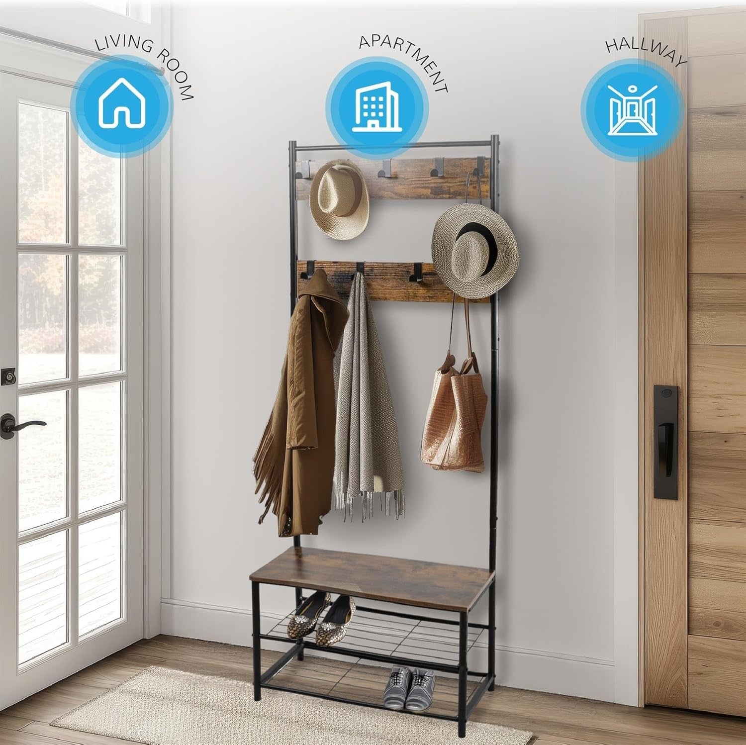 Rustic Brown Coat Rack with Shoe Storage | Industrial Freestanding Hall Tree