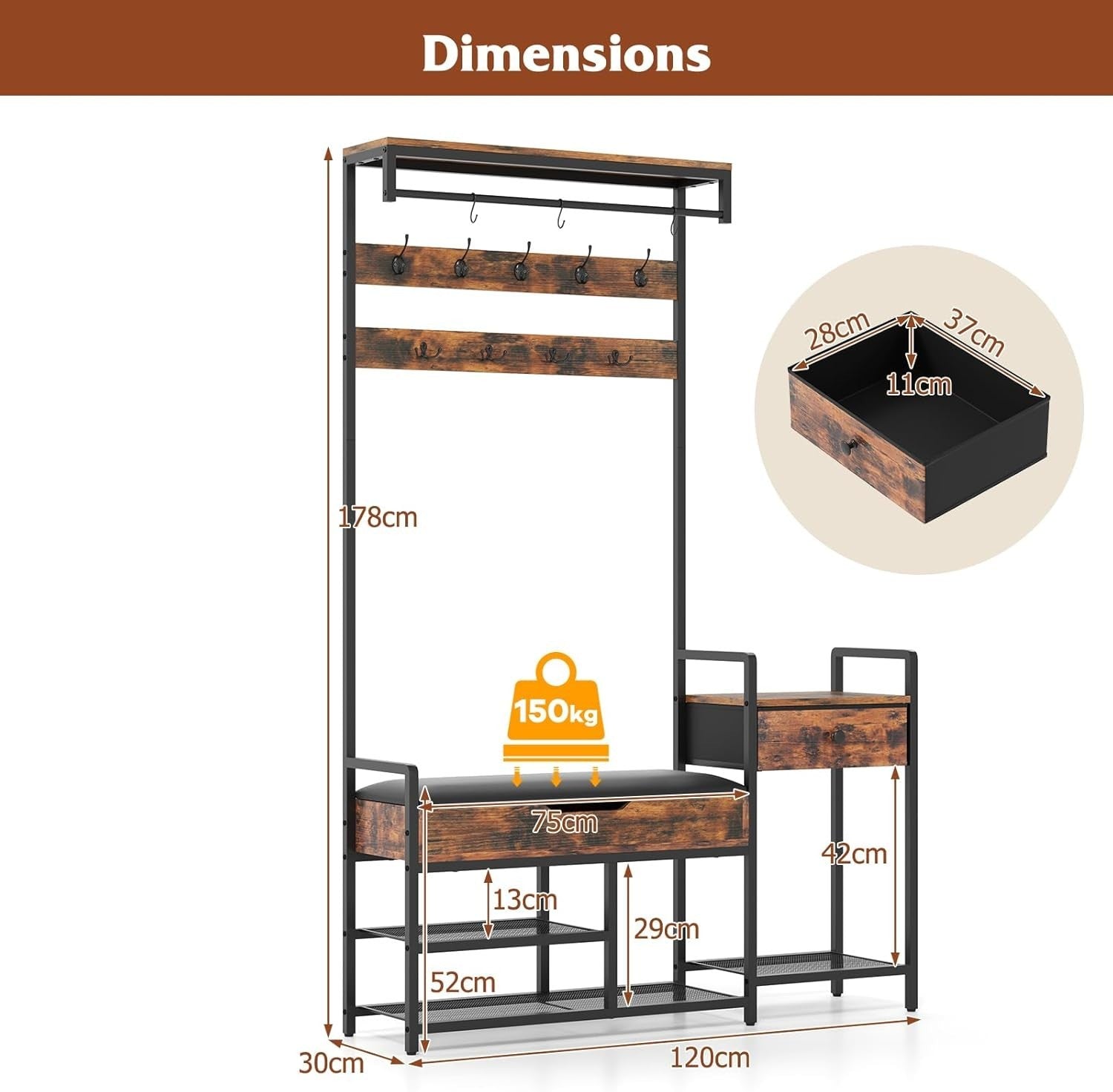 Freestanding Hall Tree Coat Rack with Shoe Storage Bench & Side Table