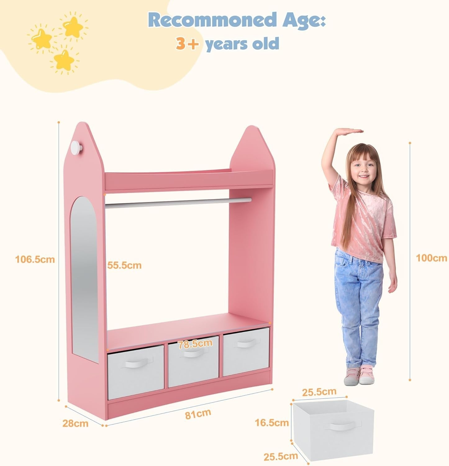Kids Wardrobe with Mirror, 3 Drawers & Hanging Rail, Pink Rocket Design
