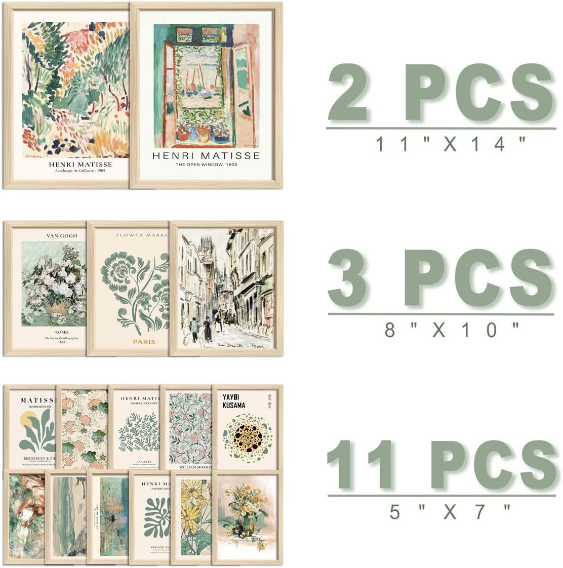 16pc Framed Sage Green Gallery Wall Art Set Boho Prints 12x15"