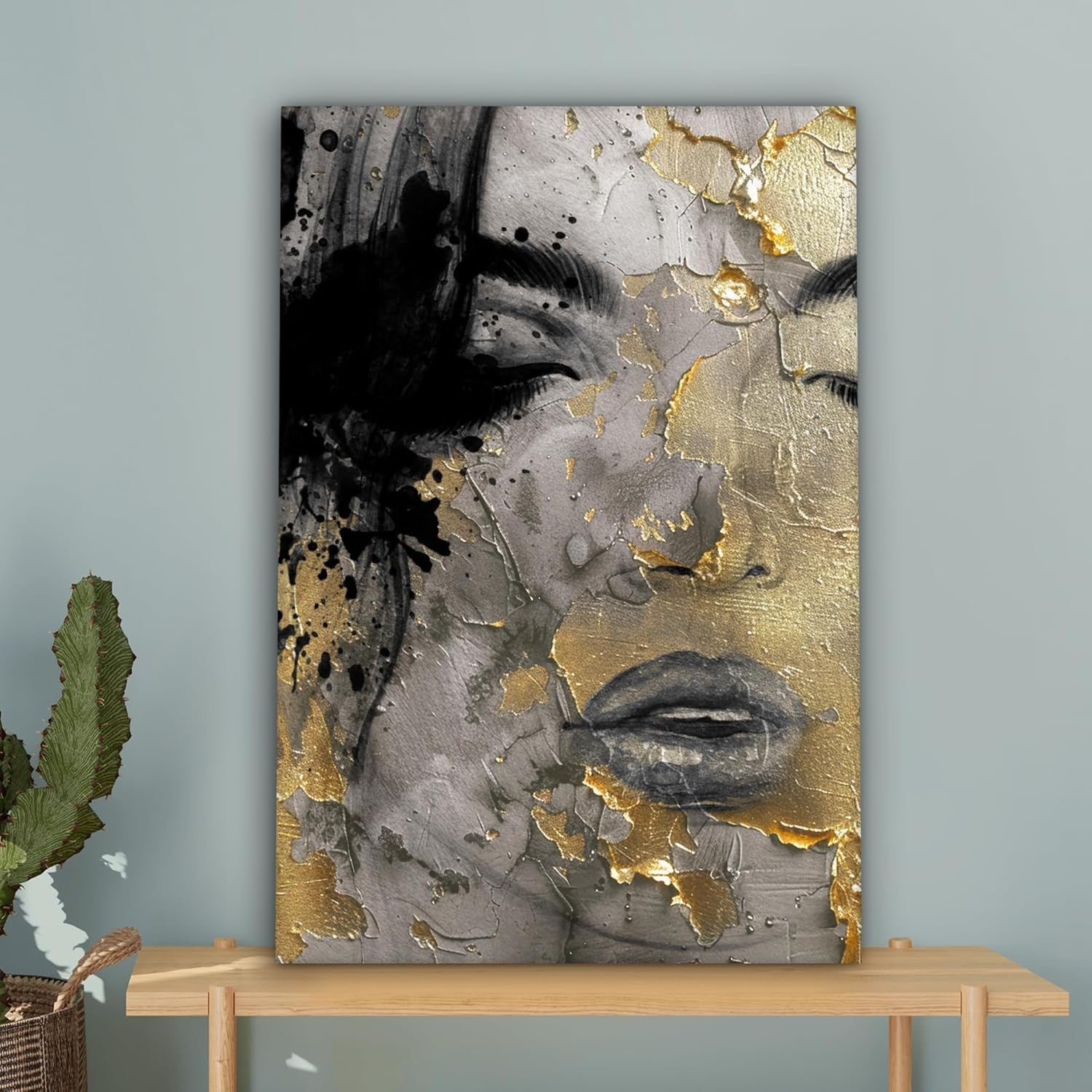 Gold Black Abstract Woman Canvas Wall Art 40x60cm Framed