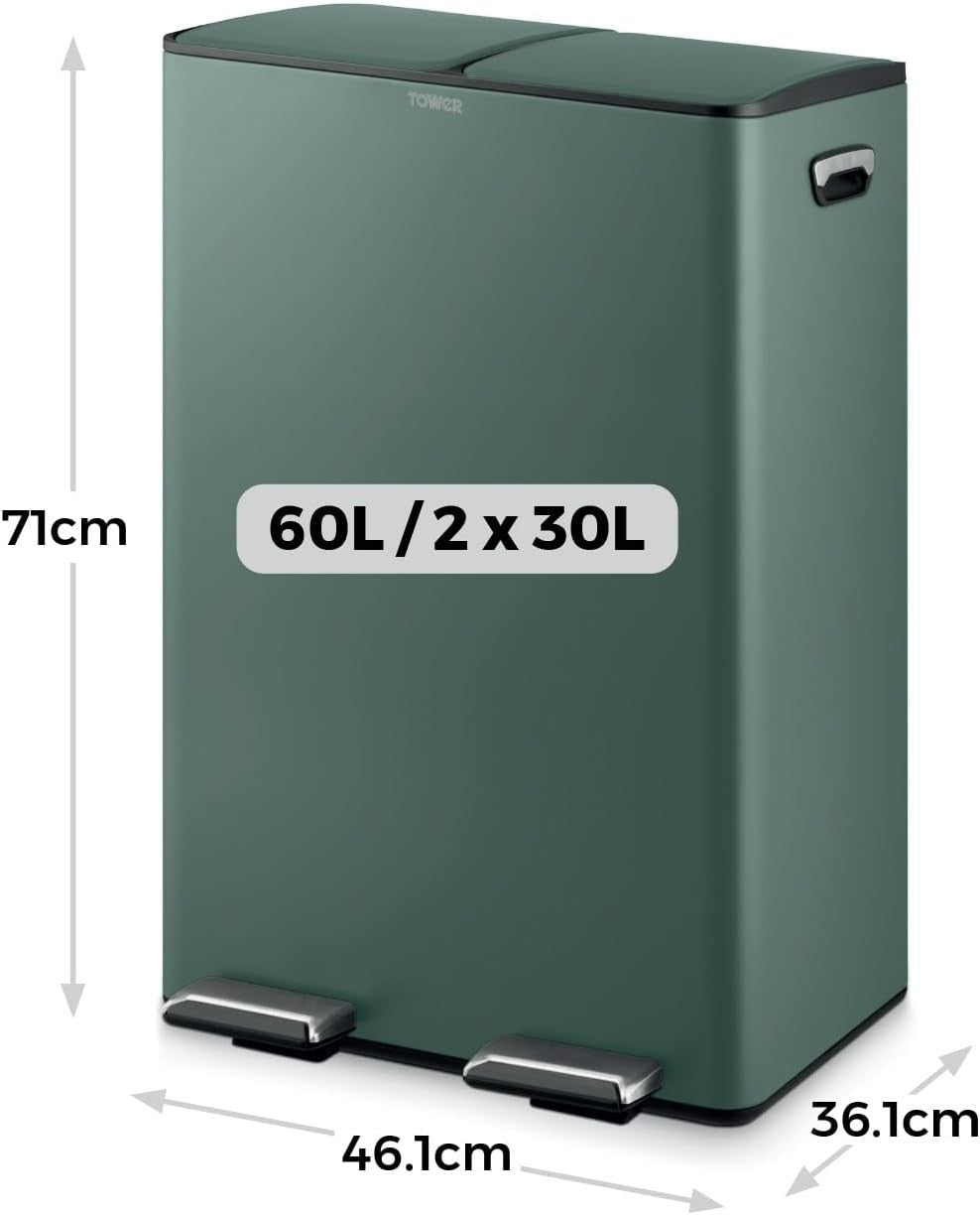60L Recycling Pedal Bin 2x30L Dual Compartment Green