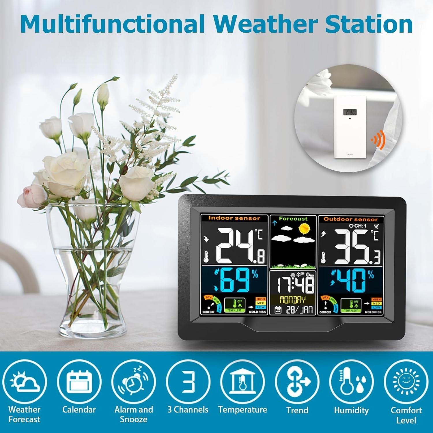 Wireless Weather Station Indoor Outdoor Sensor Large LCD Temp Humidity