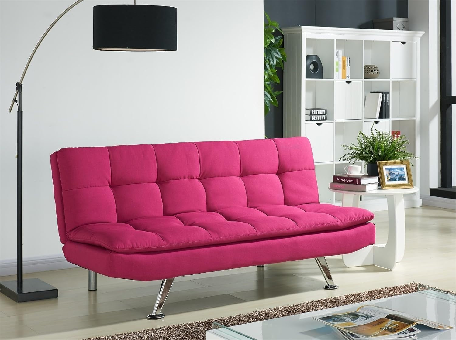3 Seater Pink Fabric Sofa Bed Modern Click Clack Chrome Legs Compact
