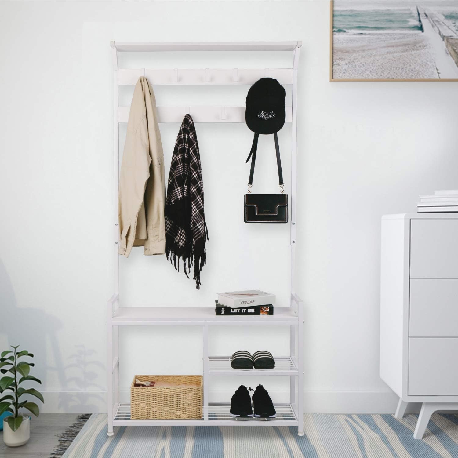 White Industrial Coat Rack with Shoe Bench | 9 Hooks Metal Frame Hall Tree