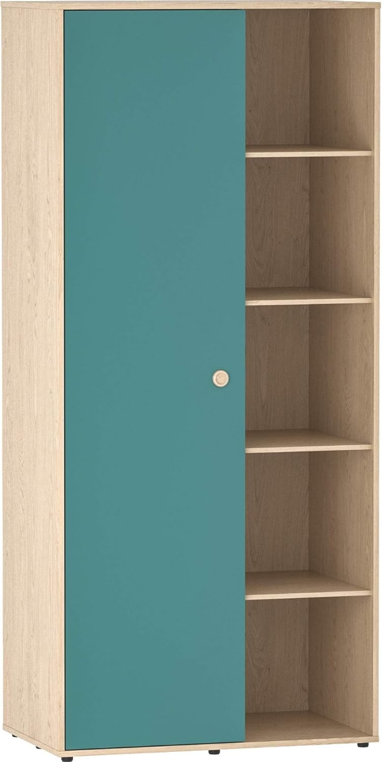Kids 1-Door Wardrobe with Clothes Rails & Shelves – Sturdy Blue & Oak Storage