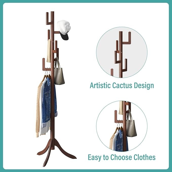 Brown Bamboo Coat Rack Freestanding 6 Hooks | Adjustable Wooden Hall Tree
