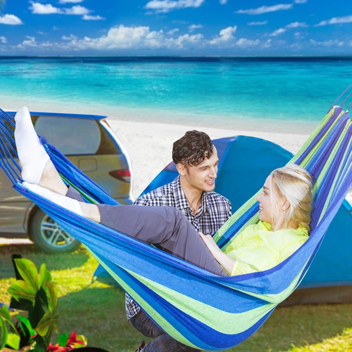 Portable Outdoor Cotton Camping Hammock, 210x150cm, 300kg Load, Easy Setup