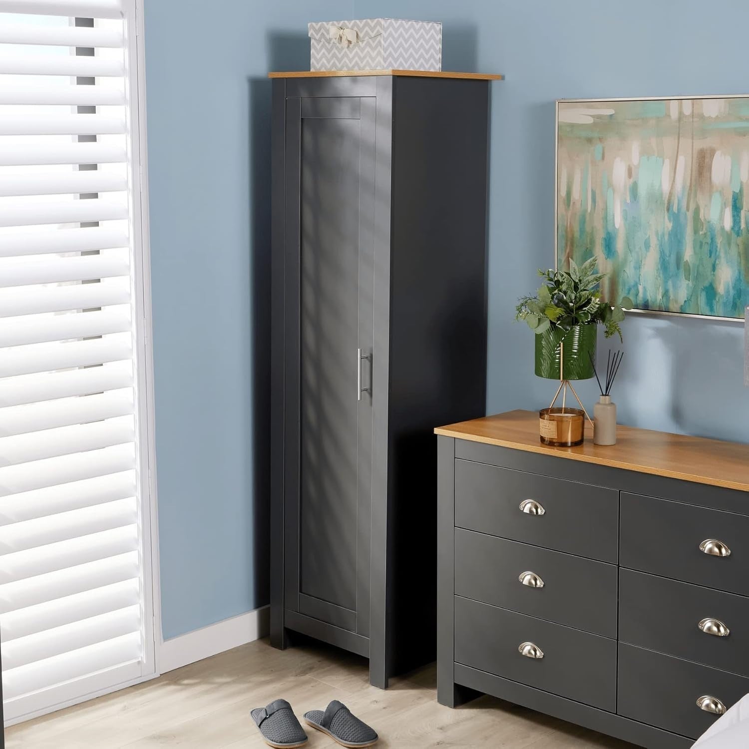 Slim Dark Grey Wardrobe 1 Door with Hanging Rail & Deep Storage Shelf
