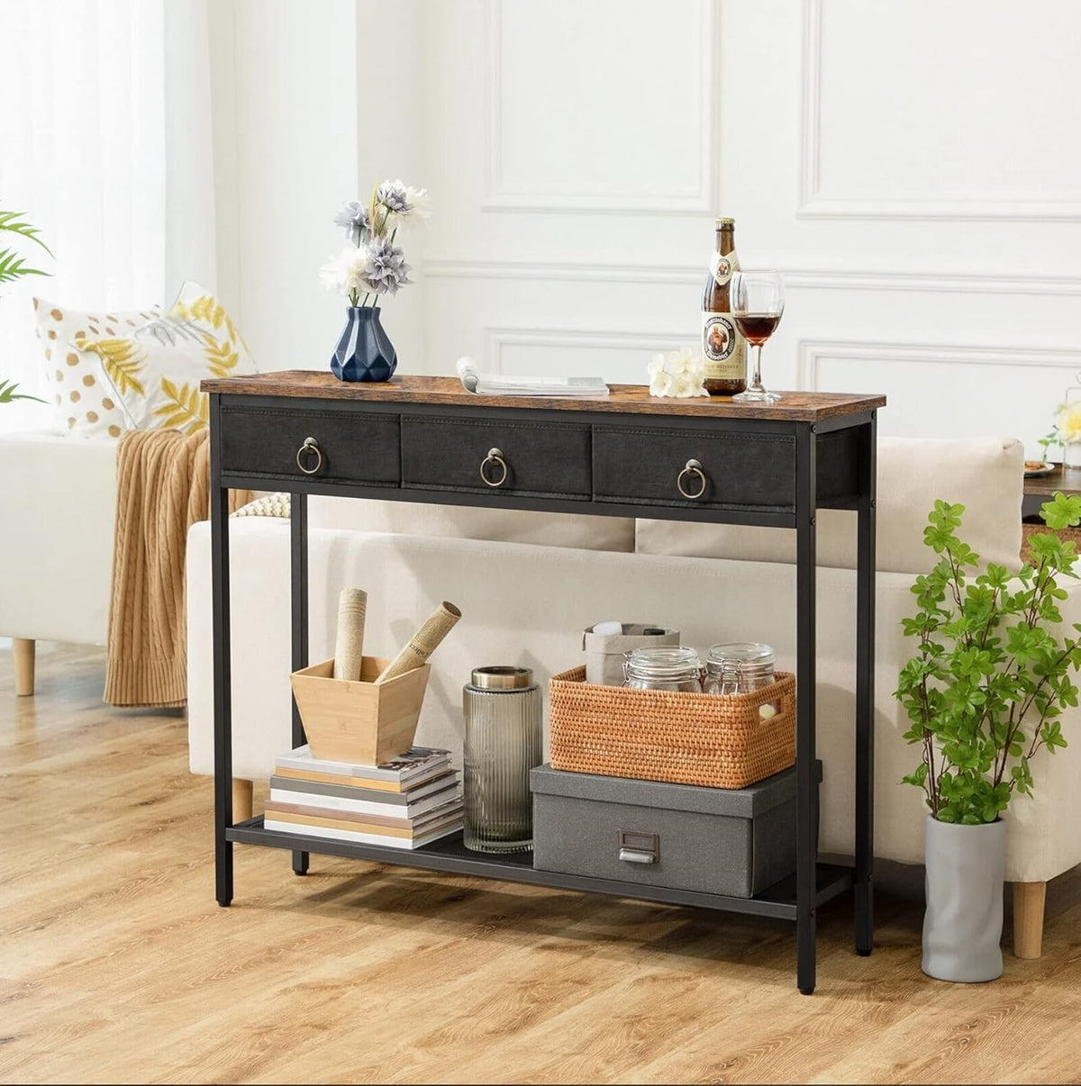 Slim Console Table 3 Drawer Narrow Side Storage for Hallway Entry