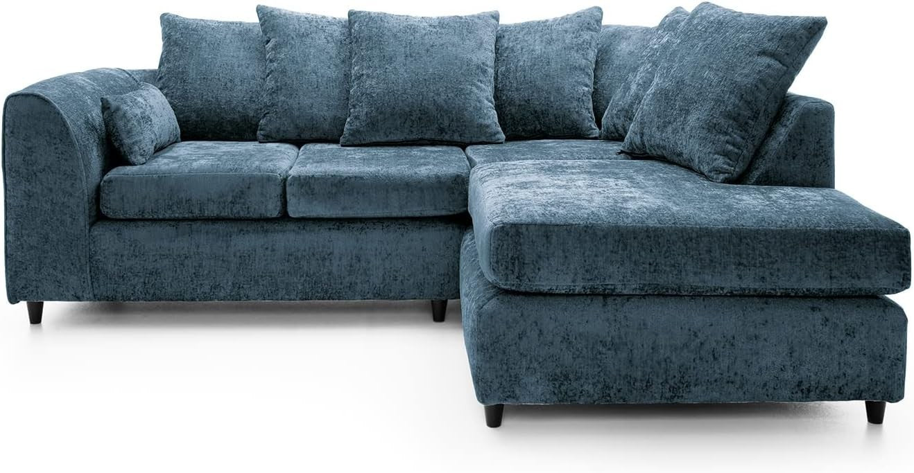 Dark Blue Chenille Corner Sofa Right – Modern L Shape Couch for Living Room