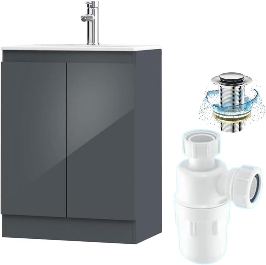 600mm Grey Bathroom Vanity Unit with Basin Cupboard Floor Standing Sink Cabinet