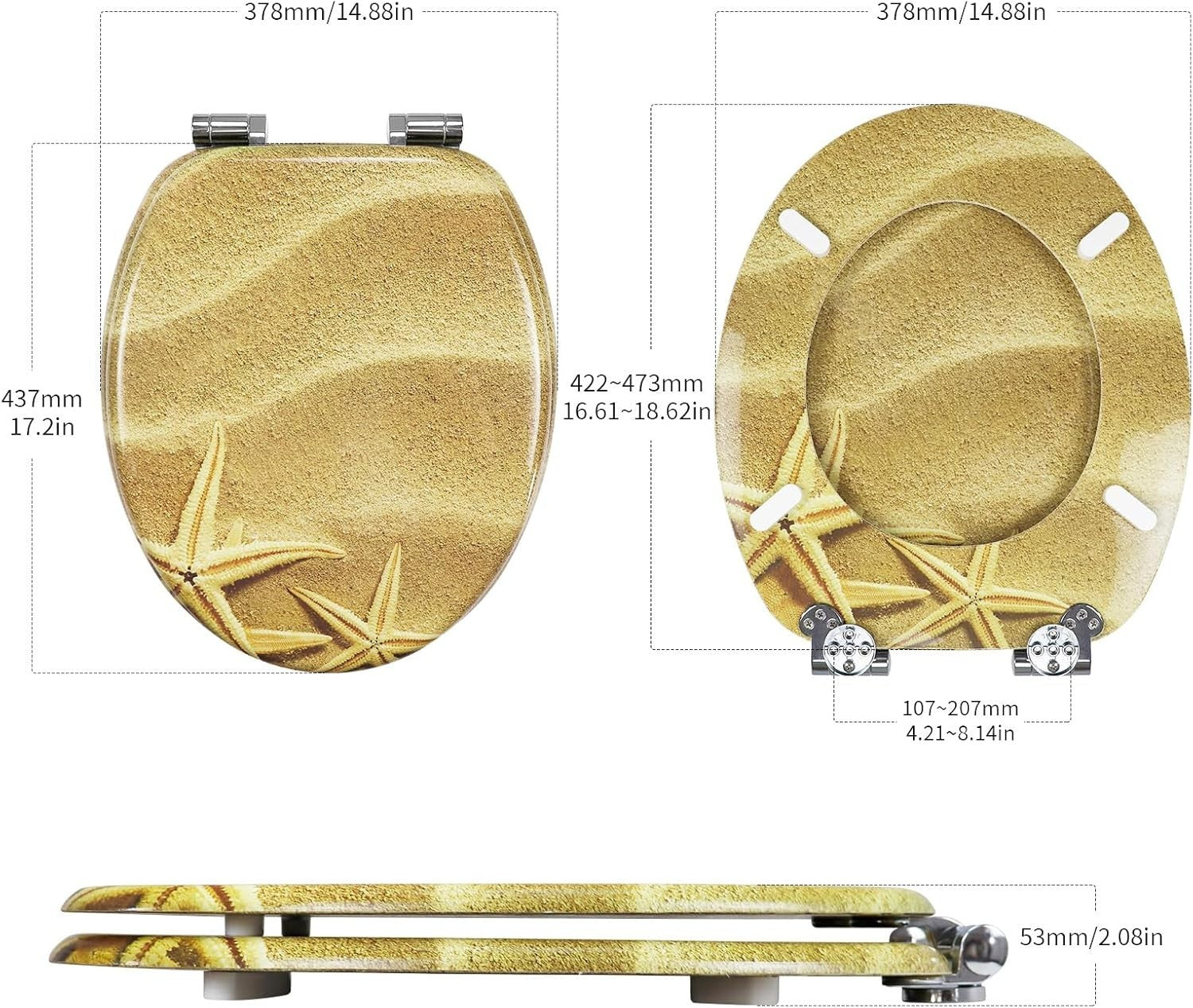 Patterned MDF Wooden Soft Close Toilet Seat Durable O Shape 43.5x37.5cm