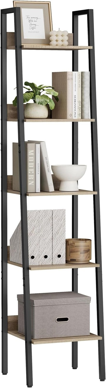 5-Tier Narrow Ladder Shelf Tall Rustic Bookcase Industrial Storage Unit
