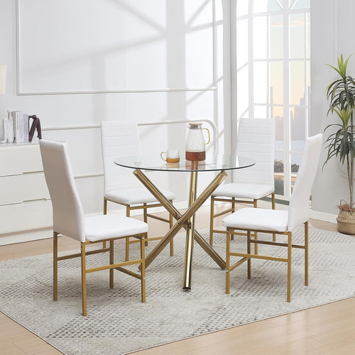 Glass Round Dining Table Set 4 Chairs Gold Legs Small Space Kitchen