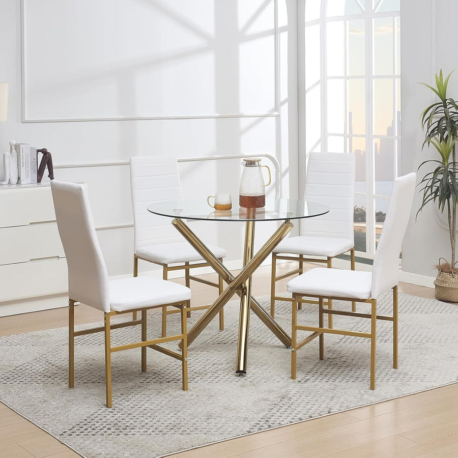 Glass Round Dining Table Set 4 Chairs Gold Legs Small Space Kitchen