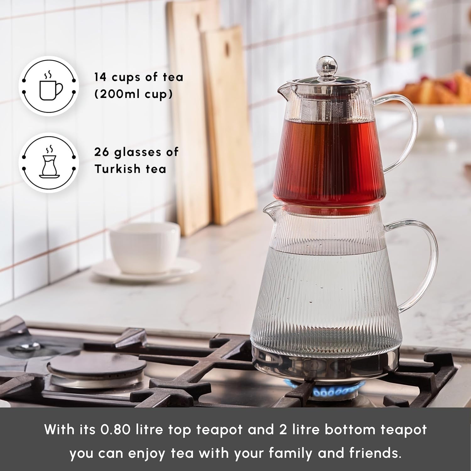 Glass Turkish Tea Maker Set 1.95L Teapot Kettle with Infuser