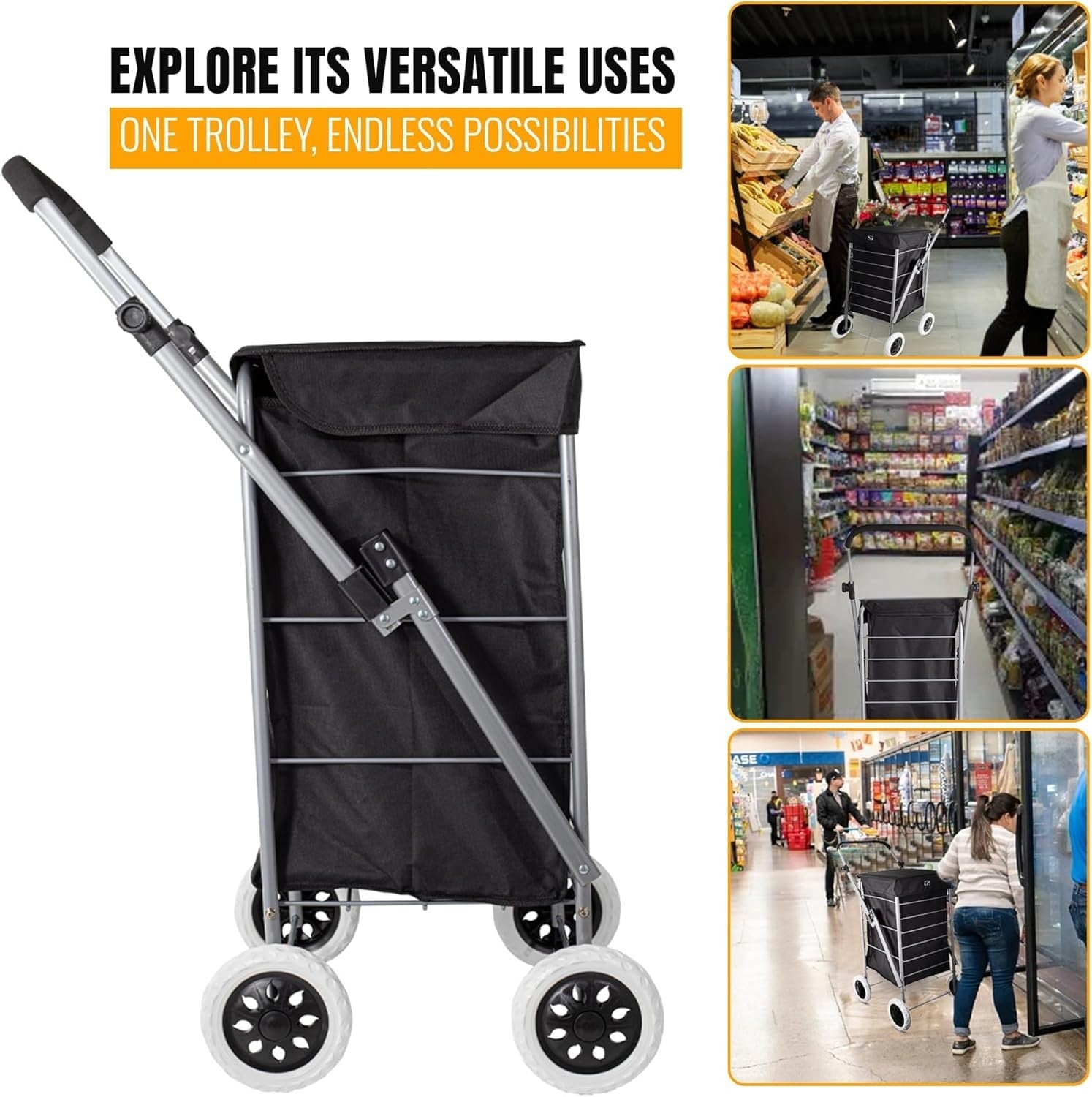 Foldable 4-Wheel Shopping Trolley Cart with Removable Bag - Heavy Duty