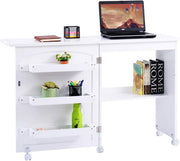 Folding Sewing Table 117cm Mobile Craft Desk with Wheels & Storage White