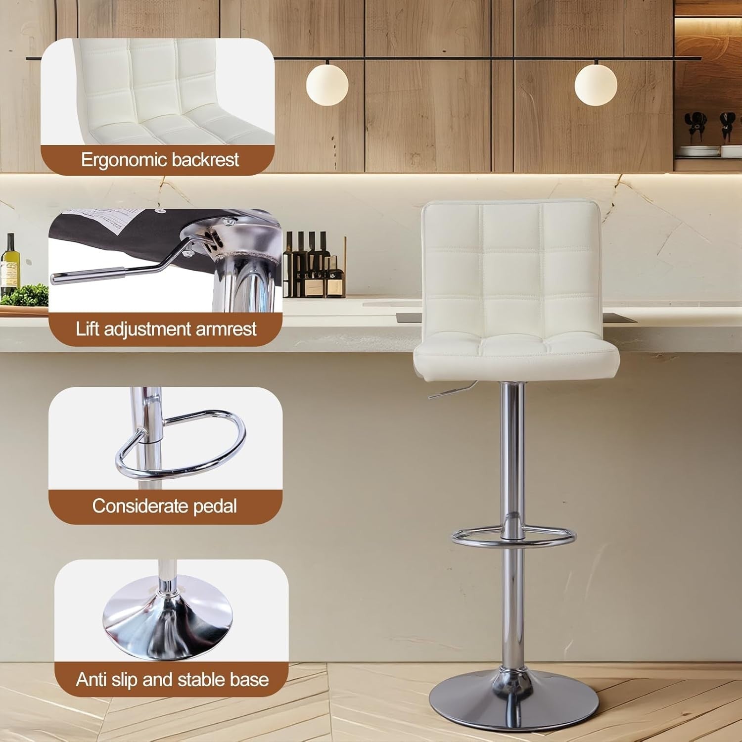 Beige Swivel Bar Stool Adjustable Height Gas Lift Modern Armrest Design