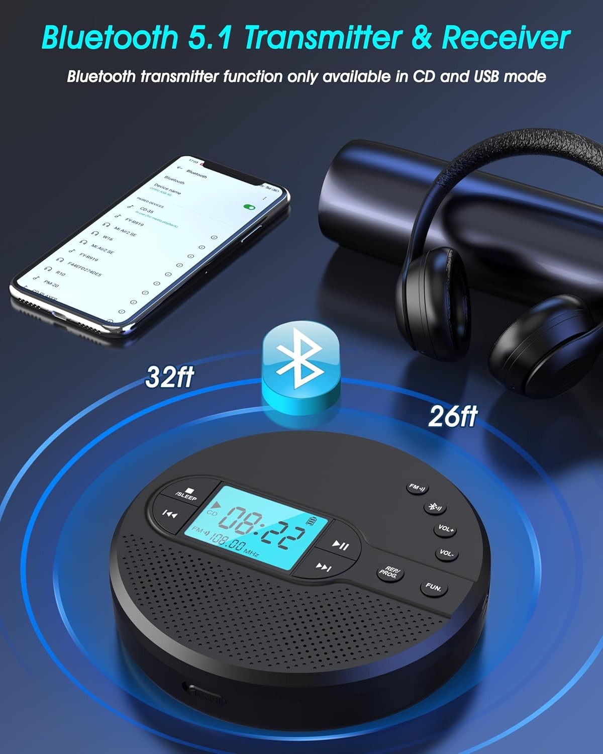 Portable CD Player Bluetooth FM Transmitter Rechargeable