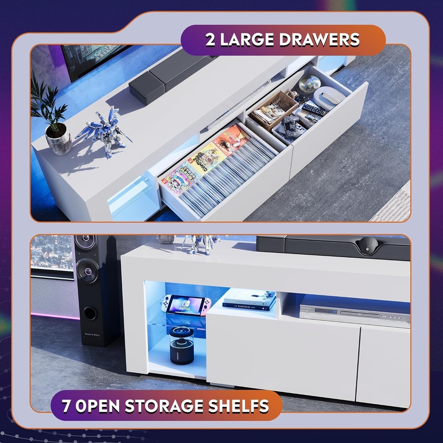 160cm White TV Unit Stand with RGB LED, Storage Drawers & Shelves, 75" Fit