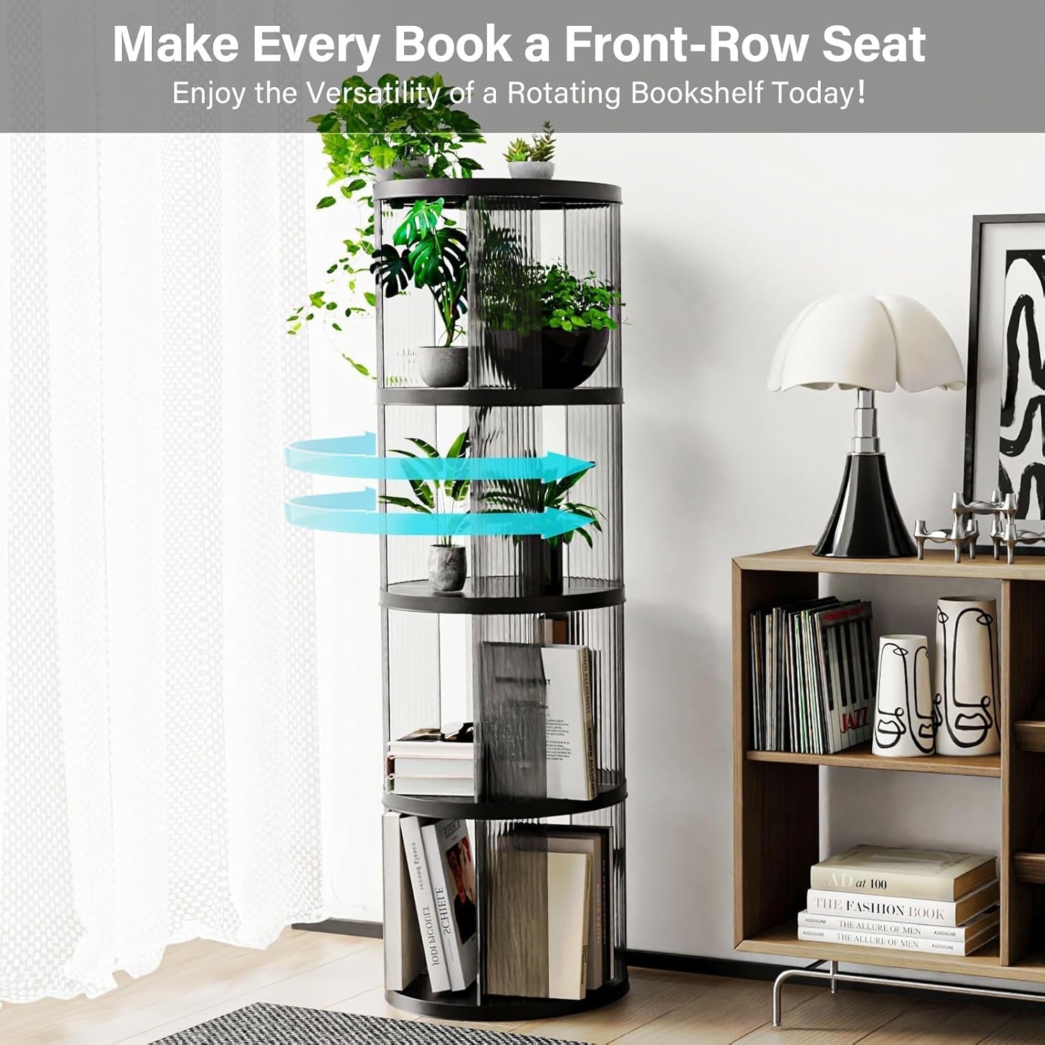 360° Rotating Round Plastic Bookshelf 4-Tier Space-Saving Floor Shelf